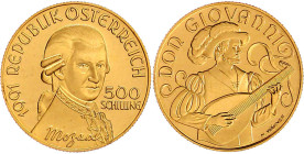 Gold der Habsburger Erblande und Österreichs

Republik Österreich

2. Republik, seit 1945

500 Schilling Mozart "Don Giovanni" 1991. 8,11 g. 950...