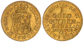 Altdeutsche Goldmünzen und -medaillen

Braunschweig-Calenberg-Hannover

Georg II., 1727-1760

Goldgulden (2 Thaler) 1755 IAS. 3,23 g. Stempelgla...