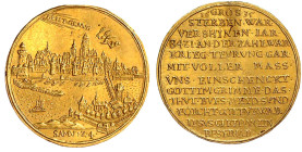 Altdeutsche Goldmünzen und -medaillen

Frankfurt, Stadt

Goldmedaille zu 2 Goldgulden 1635 a.d. Ende der Pest. Stadtansicht/12 Zeilen. 6,49 g. fas...