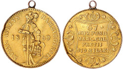 Altdeutsche Goldmünzen und -medaillen

Hamburg-Stadt

Dukat 1859. 3,47 g. sehr schön, gehenkelt, Fassungsspuren. Friedberg 1142. AKS 10.