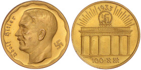 Thematische Goldmedaillen

Deutsches Reich

Drittes Reich 1933-1945

100 RM Probe 1933, auf die Machtergreifung. Kopf Hitlers n.l./Brandenburger...
