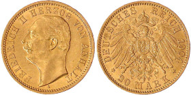 Reichsgoldmünzen

Anhalt

Friedrich II., 1904-1918

20 Mark 1904 A. vorzüglich/Stempelglanz, kl. Kratzer. Jaeger 182.