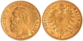 Reichsgoldmünzen

Baden

Friedrich I., 1856-1907

20 Mark 1873 G. vorzüglich/Stempelglanz. Jaeger 184.