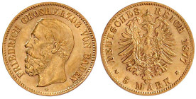 Reichsgoldmünzen

Baden

Friedrich I., 1856-1907

5 Mark 1877 G. sehr schön/vorzüglich. Jaeger 185.