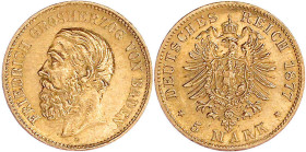 Reichsgoldmünzen

Baden

Friedrich I., 1856-1907

5 Mark 1877 G. sehr schön/vorzüglich, kl. Randfehler und etwas berieben. Jaeger 185.