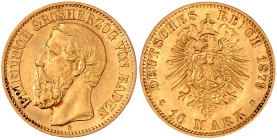 Reichsgoldmünzen

Baden

Friedrich I., 1856-1907

10 Mark 1879 G. Besseres Jahr. fast vorzüglich. Jaeger 186.