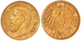 Reichsgoldmünzen

Baden

Friedrich I., 1856-1907

10 Mark 1893 G. vorzüglich, min. Randfehler. Jaeger 188.