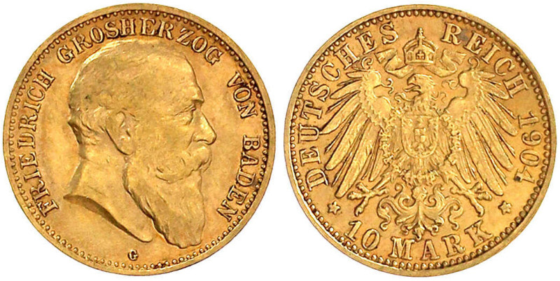 Reichsgoldmünzen

Baden

Friedrich I., 1856-1907

10 Mark 1904 G. sehr sch...