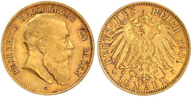 Reichsgoldmünzen

Baden

Friedrich I., 1856-1907

10 Mark 1904 G. sehr schön/vorzüglich. Jaeger 190.