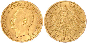 Reichsgoldmünzen

Baden

Friedrich II., 1907-1918

20 Mark 1912 G. vorzüglich. Jaeger 192.