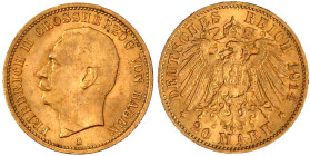 Reichsgoldmünzen

Baden

Friedrich II., 1907-1918

20 Mark 1914 G. vorzüglich/Stempelglanz, kl. Randfehler. Jaeger 192.