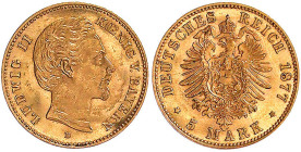 Reichsgoldmünzen

Bayern

Ludwig II., 1864-1886

5 Mark 1877 D. Druckstellen und etwas gebogen, sonst sehr schön/vorzüglich. Jaeger 195.