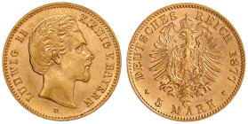 Reichsgoldmünzen

Bayern

Ludwig II., 1864-1886

5 Mark 1877 D. sehr schön/vorzüglich, Kratzer. Jaeger 195.