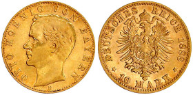 Reichsgoldmünzen

Bayern

Otto, 1886-1913

10 Mark 1888 D. Einjahrestyp. fast vorzüglich. Jaeger 198.