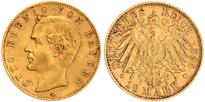 Reichsgoldmünzen

Bayern

Otto, 1886-1913

10 Mark 1896 D. vorzüglich. Jae...