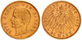Reichsgoldmünzen

Bayern

Otto, 1886-1913

20 Mark 1905 D. vorzüglich. Jaeger 200.