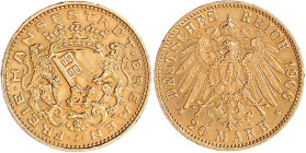 Reichsgoldmünzen

Bremen

20 Mark 1906 J. gutes vorzüglich, kl. Randfehler. Jaeger 205.