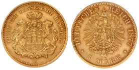 Reichsgoldmünzen

Hamburg

5 Mark 1877 J. sehr schön. Jaeger 208.