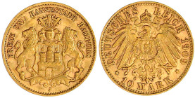 Reichsgoldmünzen

Hamburg

10 Mark 1909 J. sehr schön/vorzüglich. Jaeger 211.