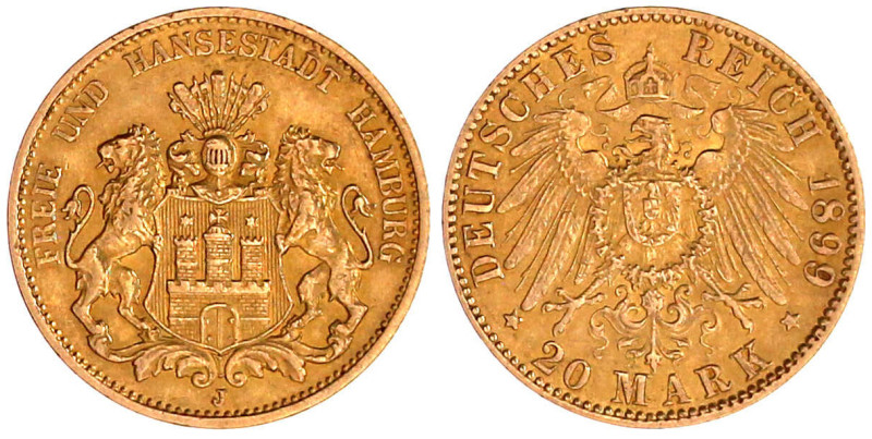 Reichsgoldmünzen

Hamburg

20 Mark 1899 J. vorzüglich. Jaeger 212.
