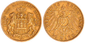 Reichsgoldmünzen

Hamburg

20 Mark 1899 J. vorzüglich. Jaeger 212.