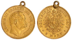 Reichsgoldmünzen

Hessen

Ludwig III., 1848-1877

5 Mark 1877 H. 2,03 g. sehr schön, gehenkelt. Jaeger 215.