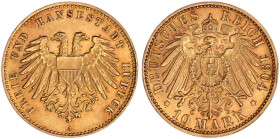 Reichsgoldmünzen

Lübeck

Freie und Hansestadt

10 Mark 1904 A. fast Stempelglanz, kl. Randfehler. Jaeger 227.
