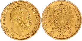 Reichsgoldmünzen

Preußen

Wilhelm I., 1861-1888

20 Mark 1872 A. fast vorzüglich. Jaeger 243.