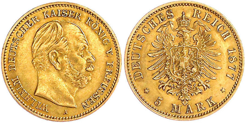 Reichsgoldmünzen

Preußen

Wilhelm I., 1861-1888

5 Mark 1877 A. sehr schö...