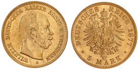Reichsgoldmünzen

Preußen

Wilhelm I., 1861-1888

5 Mark 1877 A. sehr schön. Jaeger 244.