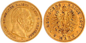 Reichsgoldmünzen

Preußen

Wilhelm I., 1861-1888

5 Mark 1877 A. sehr schön. Jaeger 244.