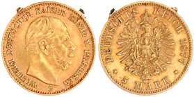 Reichsgoldmünzen

Preußen

Wilhelm I., 1861-1888

5 Mark 1877 B. gutes sehr schön, zwei Henkelreste. Jaeger 244.