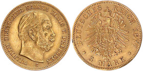 Reichsgoldmünzen

Preußen

Wilhelm I., 1861-1888

5 Mark 1877 C. sehr schön/vorzüglich, leichte Fassungsspuren. Jaeger 244.