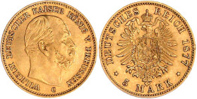 Reichsgoldmünzen

Preußen

Wilhelm I., 1861-1888

5 Mark 1877 C. fast vorzüglich, etwas gebogen und kl. Randfehler. Jaeger 244.