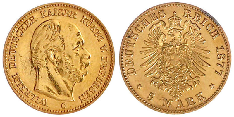 Reichsgoldmünzen

Preußen

Wilhelm I., 1861-1888

5 Mark 1877 C. sehr schö...