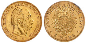 Reichsgoldmünzen

Preußen

Wilhelm I., 1861-1888

5 Mark 1877 C. sehr schön, poliert. Jaeger 244.