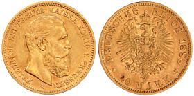 Reichsgoldmünzen

Preußen

Friedrich III., 1888

20 Mark 1888 A. fast vorzüglich. Jaeger 248.