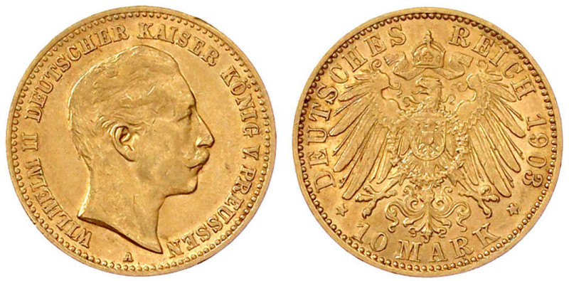 Reichsgoldmünzen

Preußen

Wilhelm II., 1888-1918

10 Mark 1903 A. sehr sc...