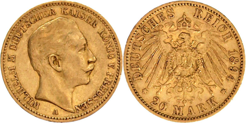 Reichsgoldmünzen

Preußen

Wilhelm II., 1888-1918

20 Mark 1894 A. sehr sc...