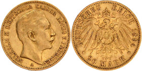 Reichsgoldmünzen

Preußen

Wilhelm II., 1888-1918

20 Mark 1894 A. sehr schön/vorzüglich, kl. Randfehler. Jaeger 252.