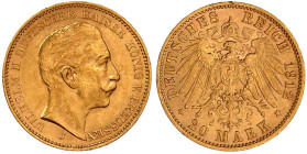 Reichsgoldmünzen

Preußen

Wilhelm II., 1888-1918

20 Mark 1912 J, Hamburg. vorzüglich, kl. Randfehler. Jaeger 252.