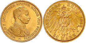 Reichsgoldmünzen

Preußen

Wilhelm II., 1888-1918

20 Mark 1913 A. Kaiser in Uniform. vorzüglich, winz. Randfehler. Jaeger 253.