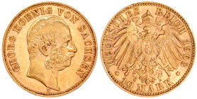 Reichsgoldmünzen

Sachsen

Georg, 1902-1904

10 Mark 1903 E. vorzüglich, min. Randfehler. Jaeger 265.