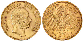 Reichsgoldmünzen

Sachsen

Georg, 1902-1904

20 Mark 1903 E. vorzüglich/Stempelglanz, min. Randfehler. Jaeger 266.
