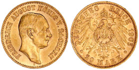 Reichsgoldmünzen

Sachsen

Friedrich August III., 1904-1918

20 Mark 1905 E. sehr schön/vorzüglich. Jaeger 268.