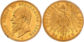 Reichsgoldmünzen

Schaumburg-Lippe

Georg, 1893-1911

20 Mark 1898. fast vorzüglich, Randfehler. Jaeger 285.