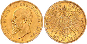 Reichsgoldmünzen

Schaumburg-Lippe

Georg, 1893-1911

20 Mark 1904 A. Stempelglanz/vorzüglich. Jaeger 285.