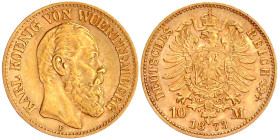 Reichsgoldmünzen

Württemberg

Karl, 1864-1891

10 Mark 1873 F. sehr schön. Jaeger 289.