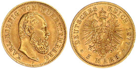 Reichsgoldmünzen

Württemberg

Karl, 1864-1891

5 Mark 1877 F. vorzüglich. Jaeger 291.