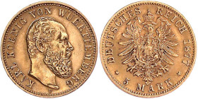 Reichsgoldmünzen

Württemberg

Karl, 1864-1891

5 Mark 1877 F. sehr schön/vorzüglich, kl. Randfehler und etwas berieben. Jaeger 291.